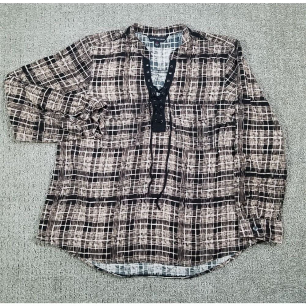 ROCK REPUBLIC Shirt Womens XL Brown Black Plaid Lace up Long Sleeve Top